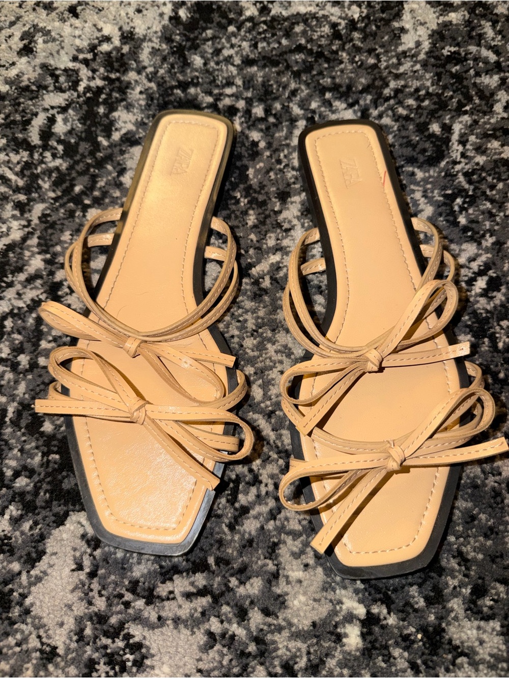 Zara Tan Strappy Bow Slide Sandals